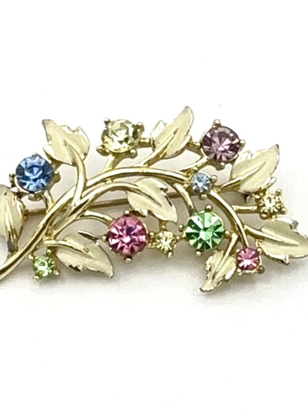 CORO vintage brooch - pastel rhinestones white enamel gold-tone flower pin 2.25"